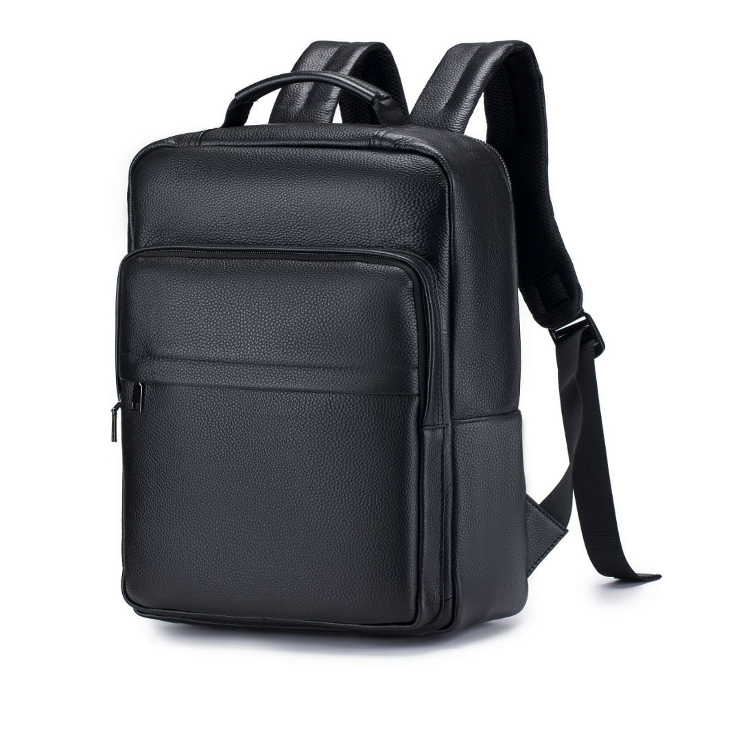 Leather Work Rucksack - 男性用本革トラベルバックパック ブラック牛革製 ラップトップデイパック 多ポケットコンピューターリュックサック 仕事や日常使いに