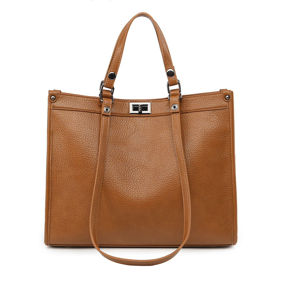 Leather Work Bag Women - 女性用大容量トートバッグ PUレザー 回転ロック付きハンドバッグ レディース ヴィンテージ ショルダーバッグ