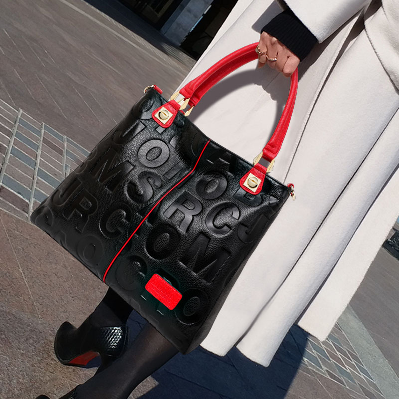 Leather Work Bag Women - 本牛革エンボスレタートートバッグ取り外し可能なクロスストラップ付き大型マルチポケットレディースショルダーバッグ日常仕事ショッピング