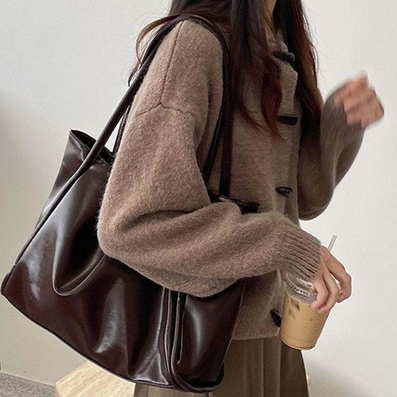 Leather Work Bag Women - 2026 女性新ヴィンテージショルダーバッグ女性の仕事通勤大容量ハンドバッグ女性韓国スタイルストリートファッショントートバッグ