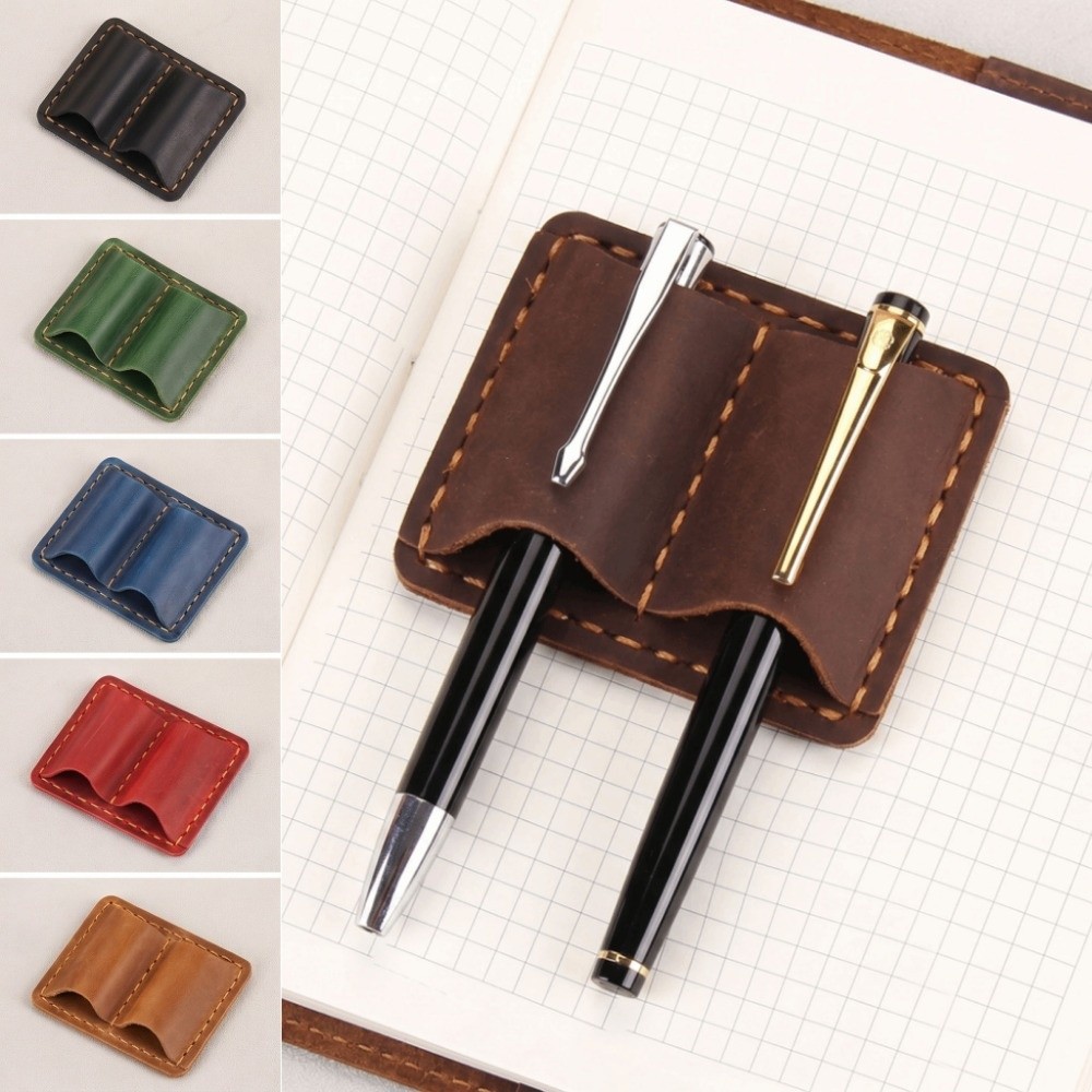 Leather Work Notepad - ダブルヴィンテージレザーペンループホルダー エレガントな手作りレトロペンホルダー 紛失防止メタルクリップ ペンケース ジャーナル用