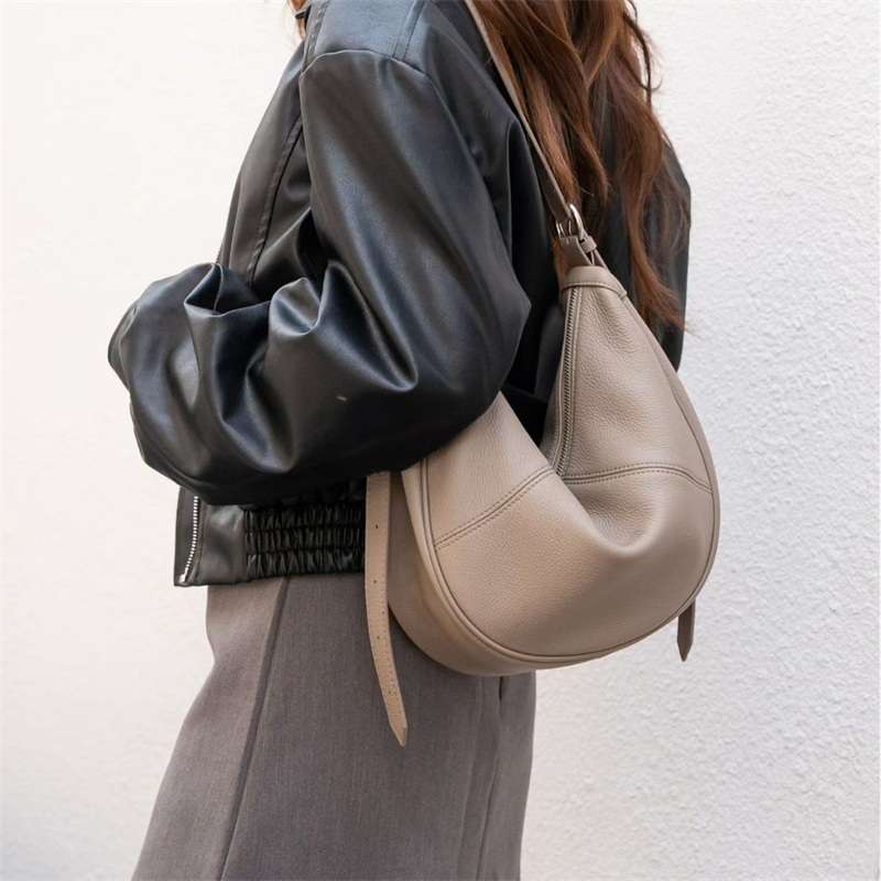 Leather Work Bag Women - BURMINSA ソフト本革 クレセントホーボーバッグ 女性用 スラウチカウハイド ショルダーバッグ