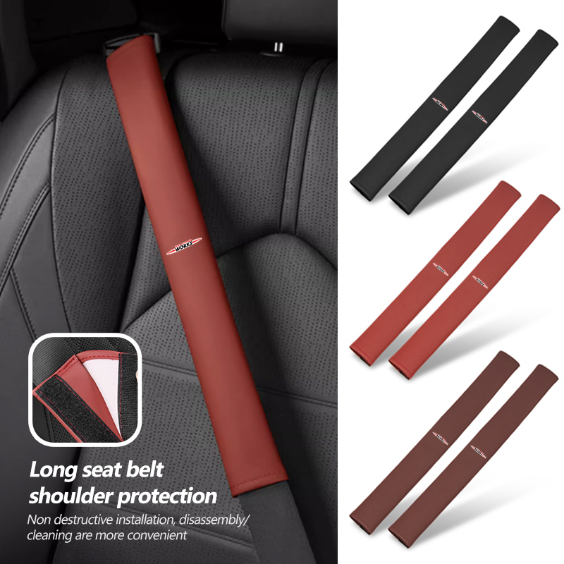 Leather Work For Car - ミニカーシートベルトパッドショルダーマット革製安全ベルトプロテクターパッドクーパーワークスR56 F56 R53 R60クラブマンJCWカントリーマン用