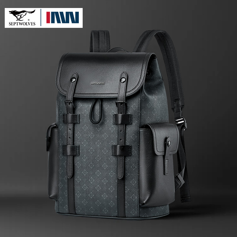 Leather Work Rucksack - Septwolves 高品質ビジネスプリントレザーバックパック男デザイナー巾着フリップモノグラムラップトップバッグプリントワークリュックサック