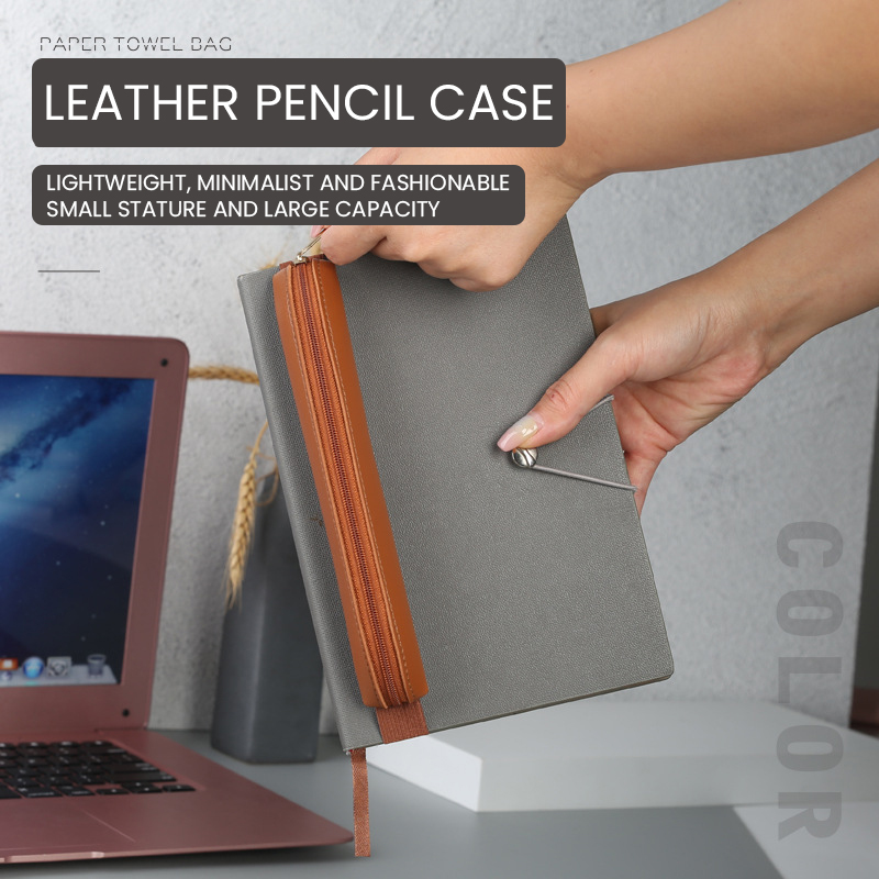 ジッパー付き鉛筆スリーブ付きPUレザーペンホルダー、ゴムバン - Leather Work Notepad のレビューと価格