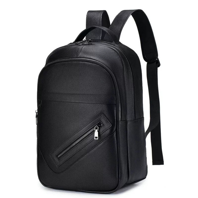 黒の本革製ラップトップバックパック、男性用マルチジッパーポケ - Leather Work Rucksack のレビューと価格