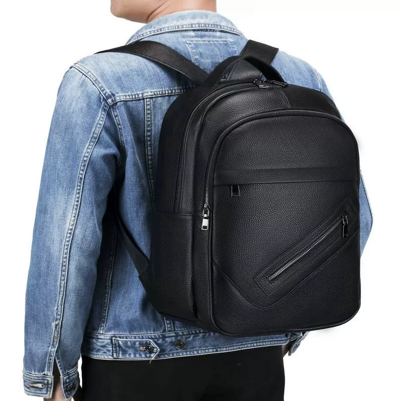 黒の本革製ラップトップバックパック、男性用マルチジッパーポケ - Leather Work Rucksack のレビューと価格