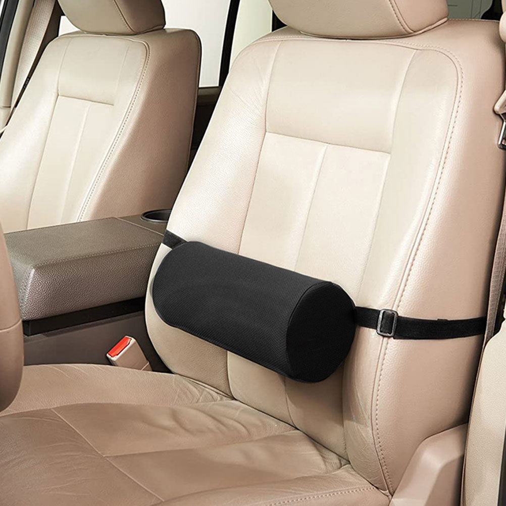 黒い円筒形のランバーピロー、メモリーフォーム、高さ・角度調整 - Leather Work For Car のレビューと価格