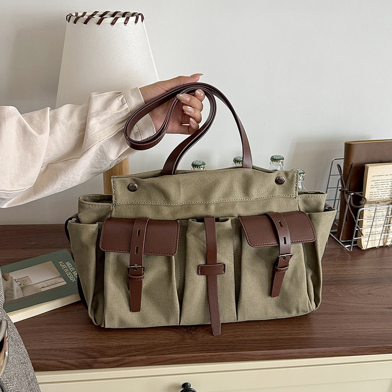 ヴィンテージキャンバススプライシングレザーショルダーバッグ大 - Leatherwork Thread のレビューと価格